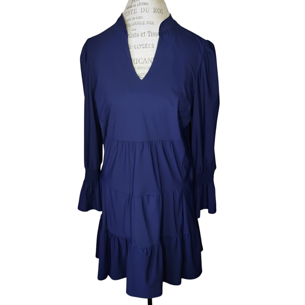 Jude Connally Tammi Dress Navy Blue Women Large Tiered Flounce Preppy Jude Cloth